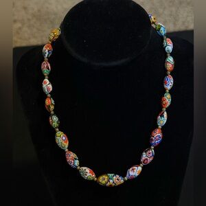 Vintage Millefiori Glass Bead Necklace — Multicolor Floral Beads
